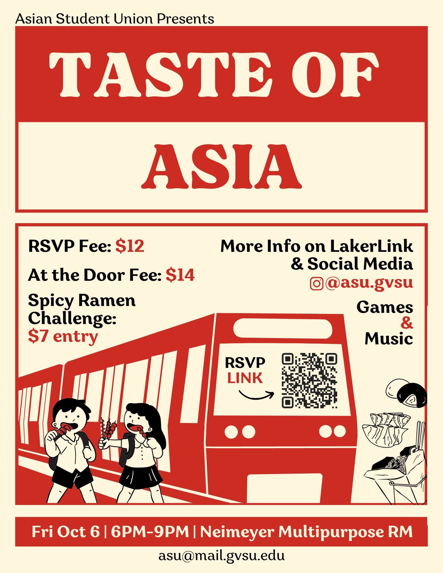 Cream and red flyer showing a subway train and information of time and place for Taste of Asian Event